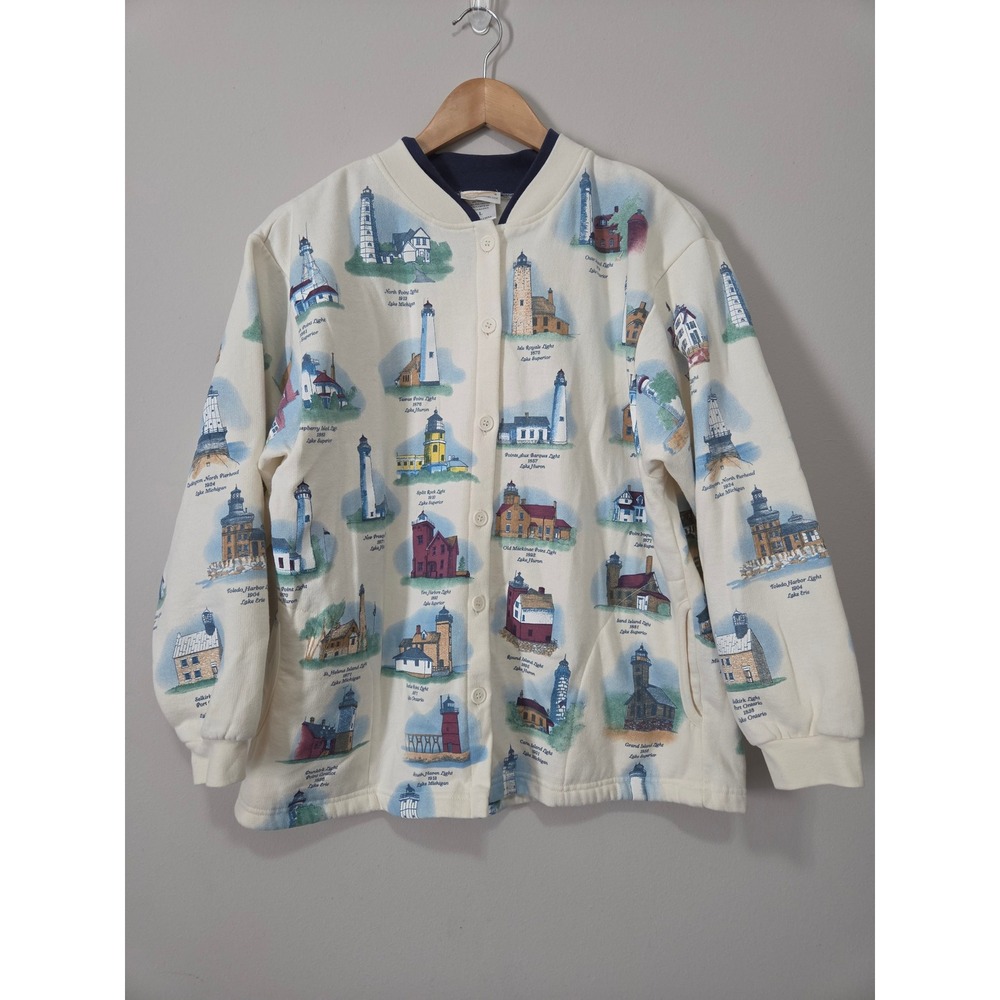 Artisans Great Lakes Lighthouse Cardigan Sweatshirt Cream Fleece Button Front L